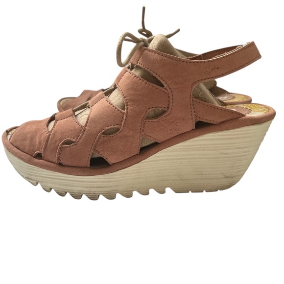 Fly London Shoes Sandals Sz 39 US 8 - 8.5 Ankle Strap Wedge Peep Toe Lace Pink - Picture 2 of 9